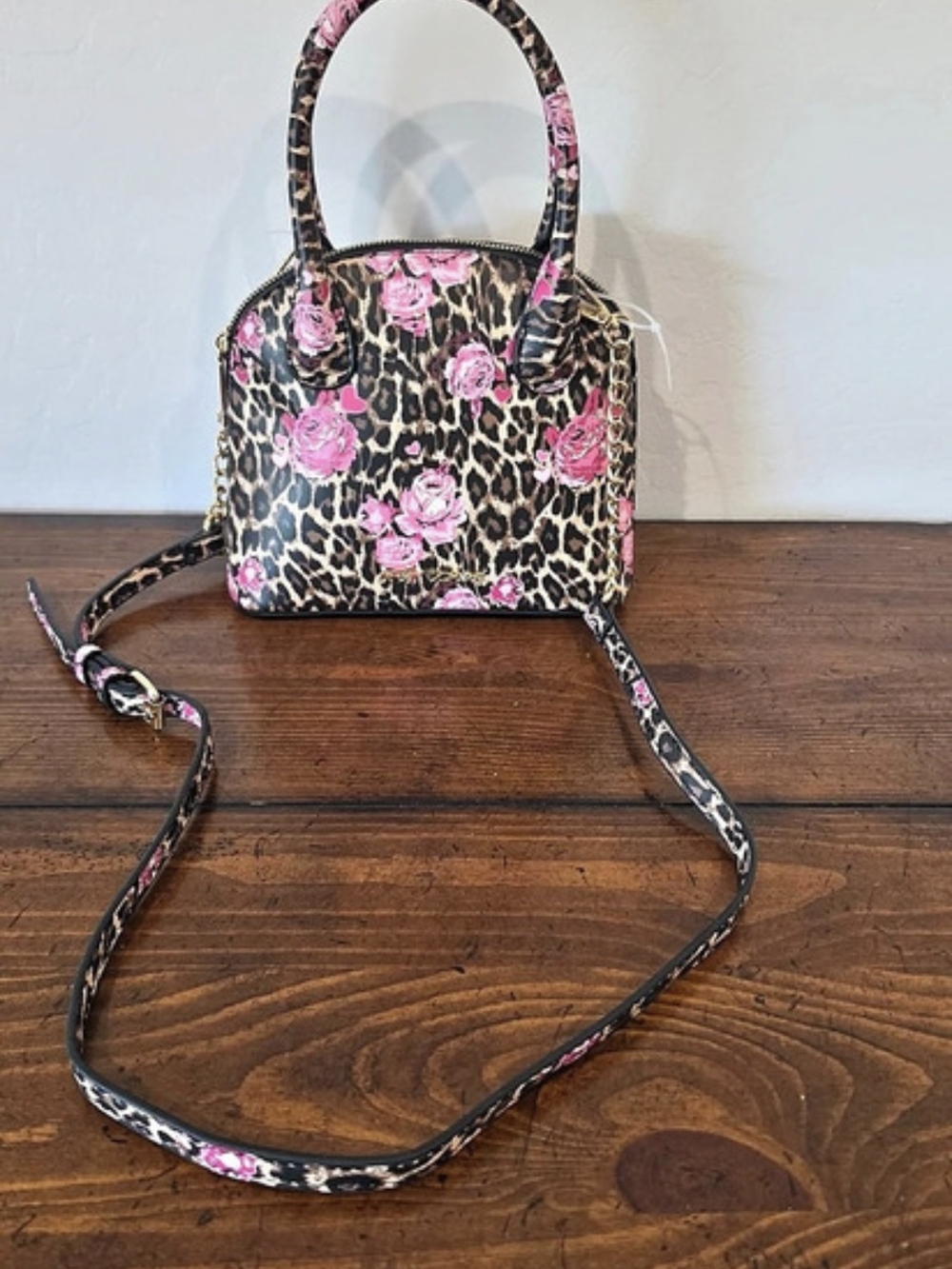 NWOT Betsey Johnson Leopard Pink Rose Leopard Dome Satchel Crossbody Handbag